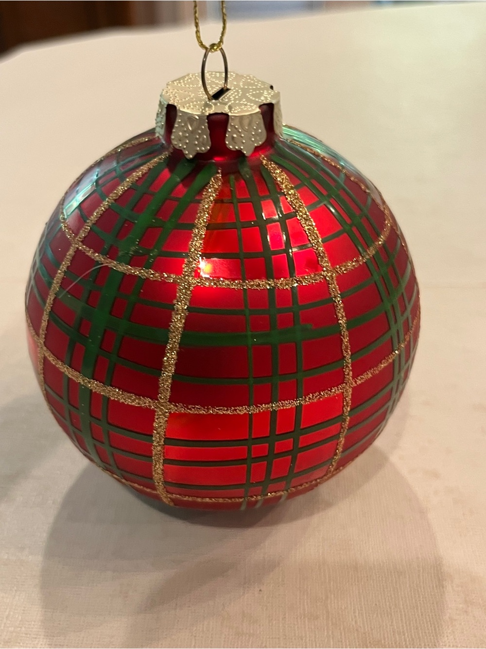 Classic Large red plaid glitter glass orb ornament. Very pretty!